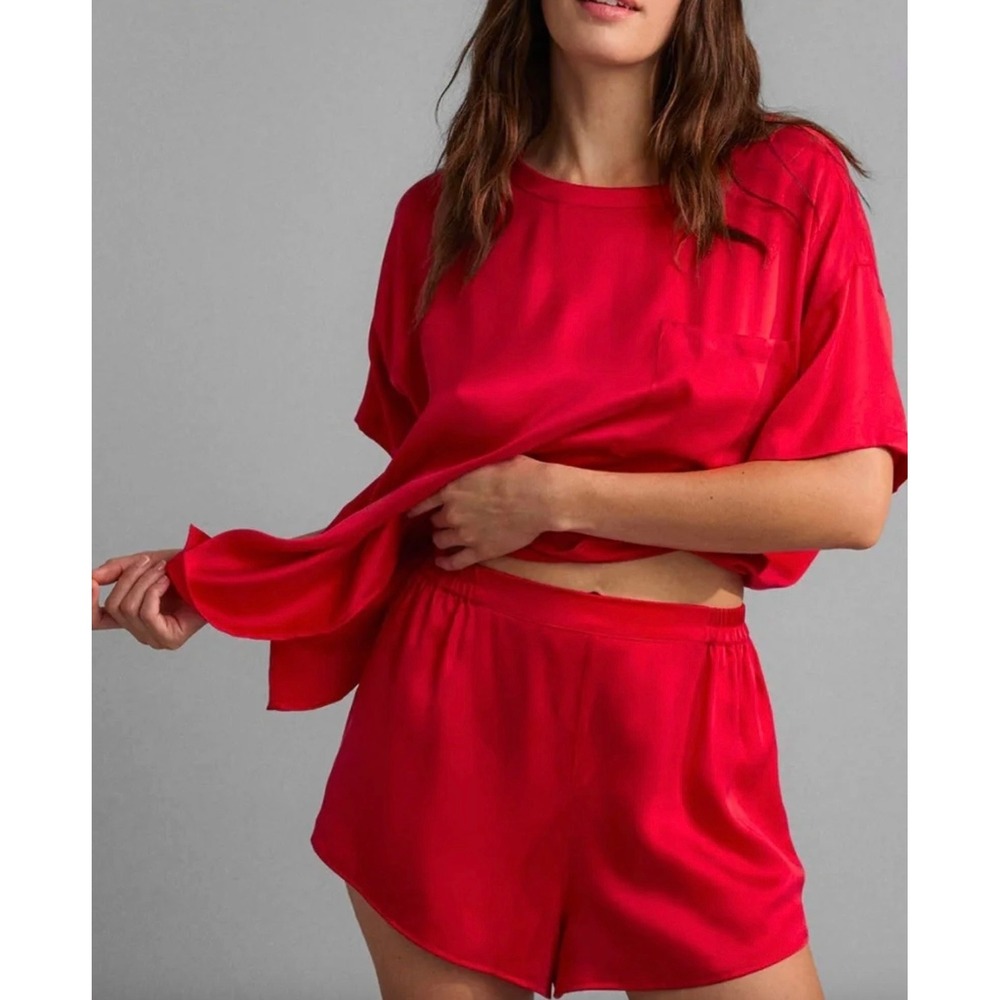LUNYA Washable Silk Piped Tee & Short Matching Pajama Set in Carmine Red